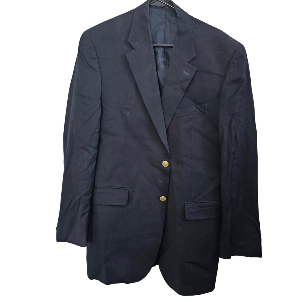 Chaps Mens Navy Blue Pure New Wool Blazer Gold Crest Buttons‎ 2-Button